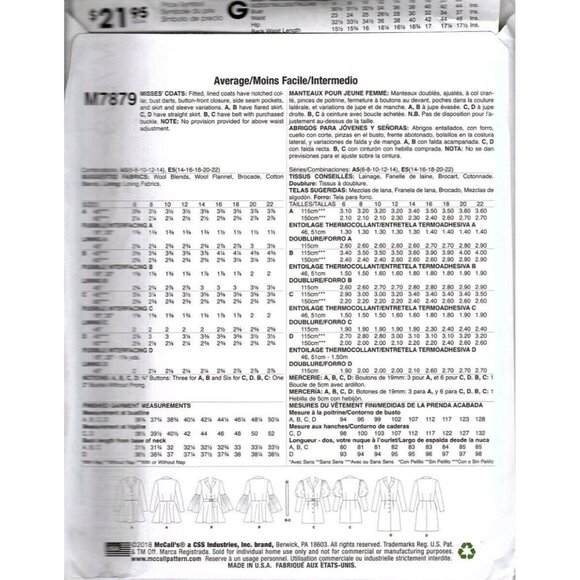McCall's M7879 Misses 6 to 14 Fitted and Flared Long Car Coat Sewing Pattern - Picture 2 of 2